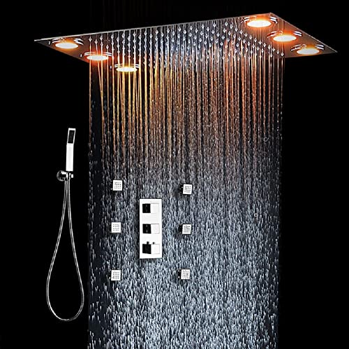 Cascada Luxurious 14" x 20" Large Multicolor LED Shower System con Control Remoto y Mezclador de Ducha 3 Vías (Lluvia, 6 Jets de Masaje y Ducha de Mano) (Oro Rosado) miniatura 1