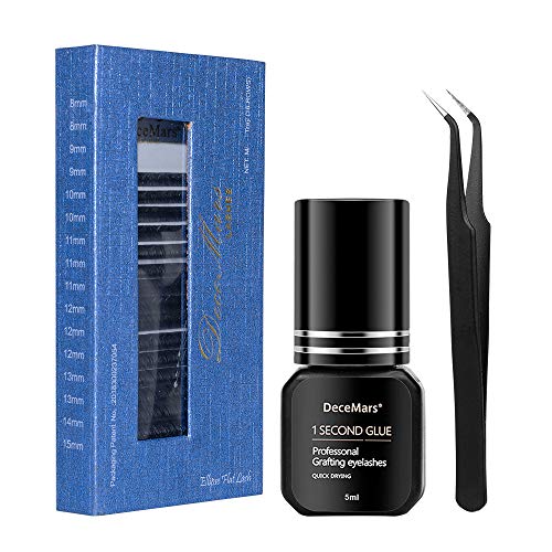 5 Part Drying Eyelash Glue Set (Eyelash Glue & Lashes & Tweezers & Eye shadow Pads & Plate), Lash Extension Glue, Retention 6 Weeks, Extra Strong Adhesion Eyelash Extension (Black, 5ml)