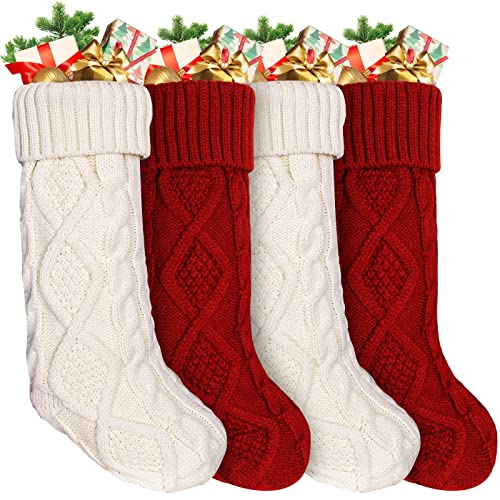 Ankis Large Christmas Stockings 4Pack -18 Inches Christmas Stockings Double-Sided Cable Knitted Xmas Stockings Burgundy Red and Cream for Family Holiday Christmas Party Classic Decor