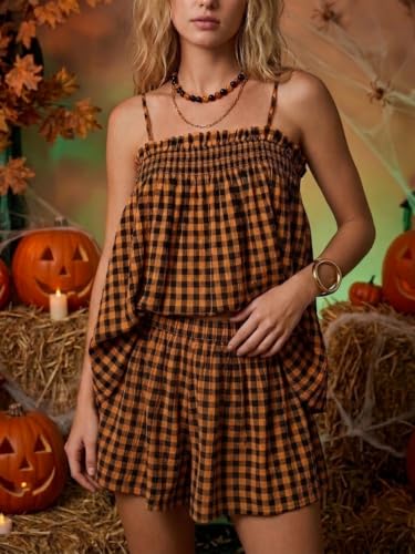 Image of Women Gingham Pajama Set Striped 2 Piece Shorts Matching Lounge Set Outfits