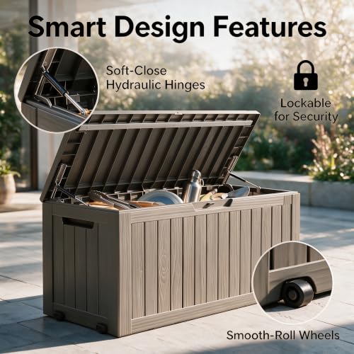 Image of 92 Gal Deck Box,Waterproof Resin Outdoor Storage Gas Lift,Lockable Grey