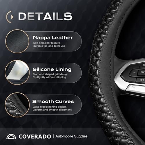 Image of Coverado Car Steering Wheel Cover, Nappa Leather Black Steering Wheel Covers, Universal 14-15 inch, Anti-Slip, Breathable Steering Wheel Protector for Women Men