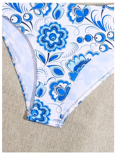 WDIRARA Girl's 2 Piece Ruffle Hem Shirred Tankini Sets Tank Top & High Waist Bikini Set Blue Floral 12Y4