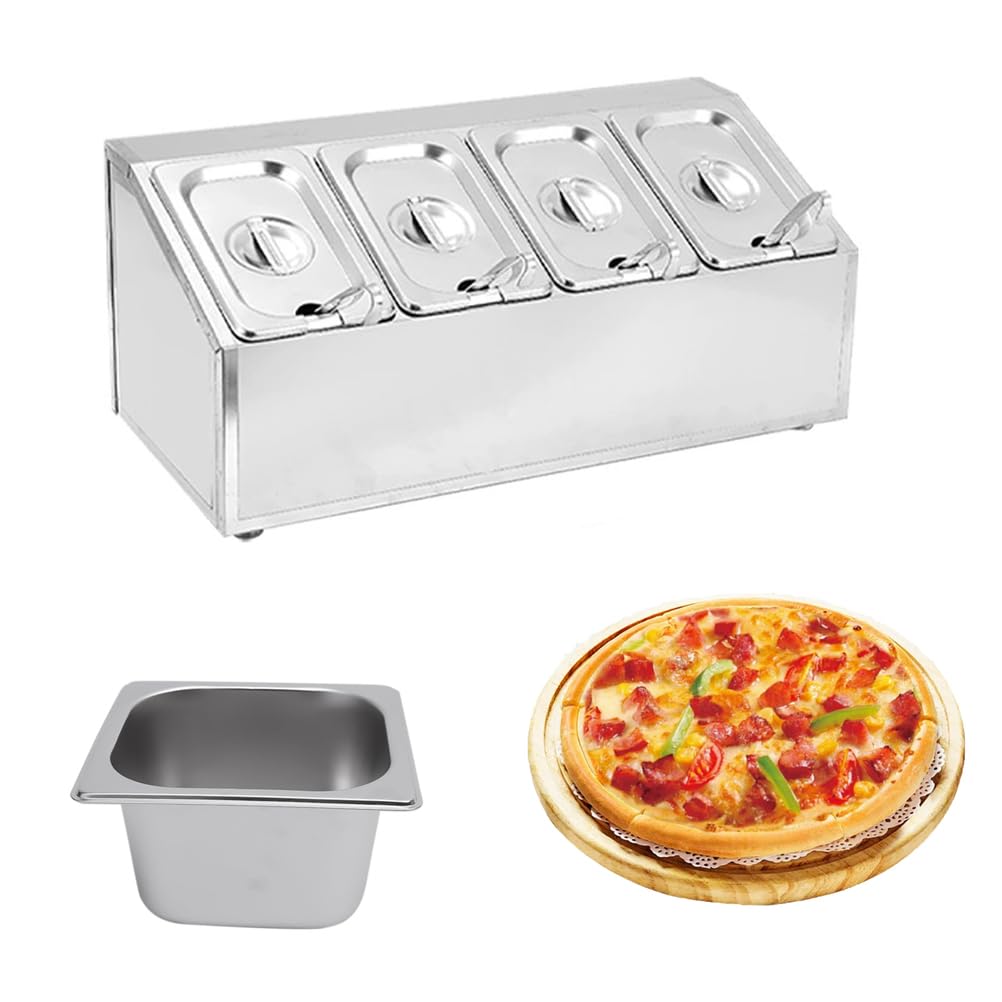 Estación De Ingredientes para Pizza con Bandejas Y Tapas,Dispensador Inclinado De Acero Inoxidable para Mostrador, Especiero, Estante para Condimentos,1/6,Dual 8Grid