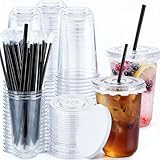 50 Pack 16 oz Clear Plastic Cups with Lids and Straws Disposable Iced Coffee Round Bottom Cups for Party Wedding Birthdays Holidays, to Go Cups for Smoothies Juices Cold Drinks Bubble Tea Beverage