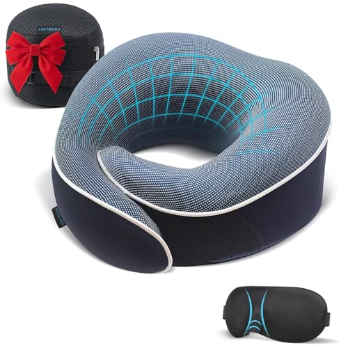 Proglobe Almohada de Viaje, Juego de Almohada de Espuma viscoelástica, Almohada ortopédica, artículos Esenciales de Viaje para Volar, Kit con máscara para Dormir contorneada 3D