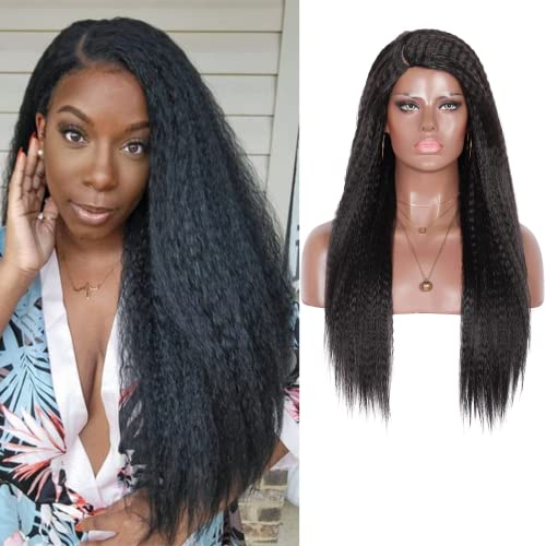 Youthfee Kinky Straight Wig 28 Inch Kinky Straight C Part Wigs for Black Women Side Part Synthetic Black Yaki Straight Wig