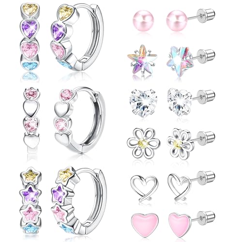 CASSIECA 9 Pares Pendientes Niña Plata Pendientes Niñas Bebe Acero Inoxidable Pendientes Hipoalergenicos Mujer Multicolor Corazón Flor CZ Pendientes Joyería Regalos para Niña Mujeres