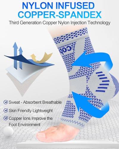 Image of LISEPWU Copper Ankle Brace, Copper Infused Ankle Support Compression Sleeve for Men & Women, for Foot Pain Relief, Sprained Recovery, Achilles Tendonitis, Daytime or Night Use(Blue L)