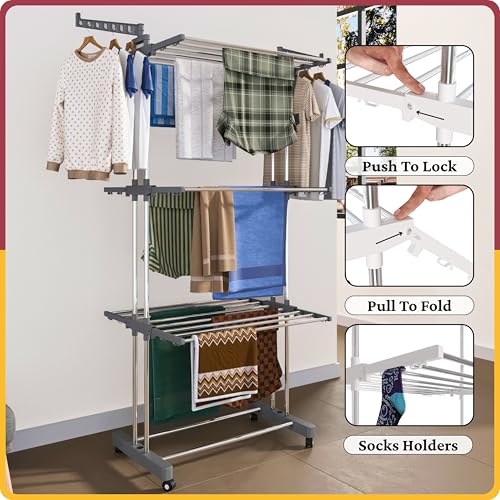 Image of Amiraj Premium Stainless Steel Clothes Drying Stand | 3 Tier 2 Pole Foldable Laundry Rack with Wheels & Sock Holder | Heavy Duty Indoor & Outdoor Cloth Dryer for Balcony, Terrace & Home - Gray