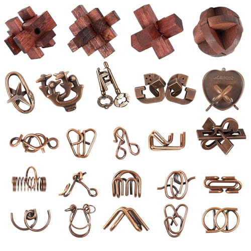Brain Teaser Puzzles Set, Wooden Metal 3D Puzzle Unlock Interlock Game