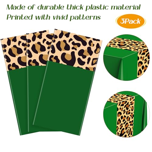 Image of Buryeah Leopard Print Tablecloth 54 x 108'' Leopard Plastic Table Cover Disposable Safari Animal Cheetah Print Party Decorations for Baby Shower Wedding Birthday Party Favors(Green,3 Pcs)