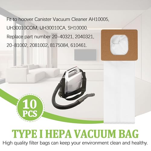 Image of 10 Pack Type I HEPA Vacuum Bags Replacement for Hoover AH10005 Series | Compatible with UH30010COM UH30010CA SH10000 premium HEPA filtration maintains optimal vacuum suction and clean indoor air.