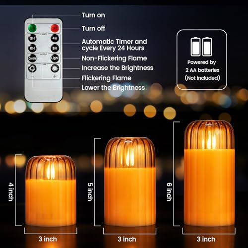Image of Amber Ribbed Battery Candles - Glass Flameless Candles with Remote Timer, Orange LED Candles with Pumpkin Shape, Lasting 350 Hrs and Brightness Adjustment, Φ 3 inch H 4 inch 6 inch, Set of 3 for Halloween Decor