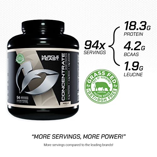 Muscle Feast Grass-Fed Whey Protein Concentrate Powder, All Natural Hormone Free Pasture Raised, Vanilla, 5Lb (94 Servings) #TOP1