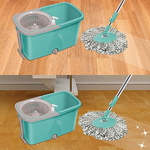 Spotzero By Milton Classic Spin Mop Bucket On Wheels, Extendable Handle | Liquid Dispenser | Wringer Set | 360 Spinning Mop Bucket Floor Cleaning & Mopping System With 2 Microfiber Refills, Aqua Green #TOP6