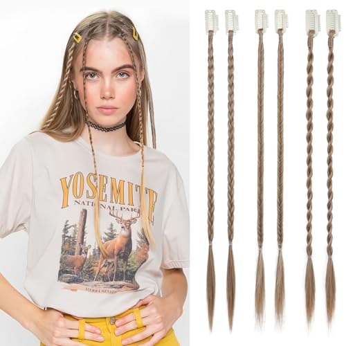 REECHO 6PCS Clip in Braid Hair Extensions for Women 14 Inch Clip in Braids Synthetic Braided Hairpieces for Daily Costume Party, Dark Blonde