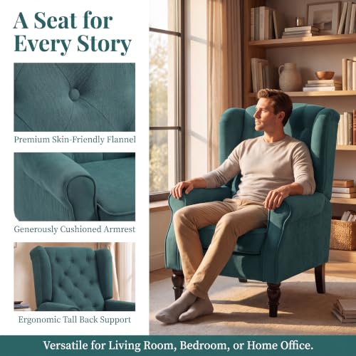 Image of Tufted Wingback Accent Manual Single Lounge Recliner Chair, Green | Tufted Wingback Accent Chair, Upholstered Single Lounge Chair with Solid Wood Legs