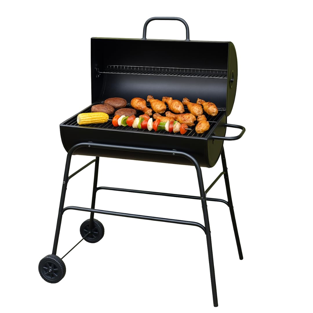 Trendi Charcoal BBQ Grill & Smoker – Portable Barrel Barbecue with Warming Rack, Adjustable Air Vents & Wheels – Large Outdoor Garden BBQ for Grilling Meat, Fish & Vegetables