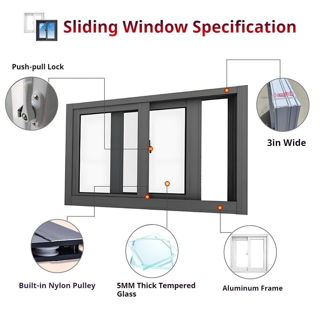 Białe okno przesuwne do piwnicy – aluminiowe winylowe szkło hartowane o wymiarach od 79 x 38 cm do 101,6 x 61 cm – idealne do szop i kurników – i stylowy design