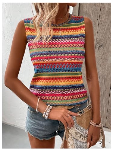 Women's Boho Tank Tops 2024 Causal Summer Sleeveless Vest Tops Geo Print Crewneck Shirts4