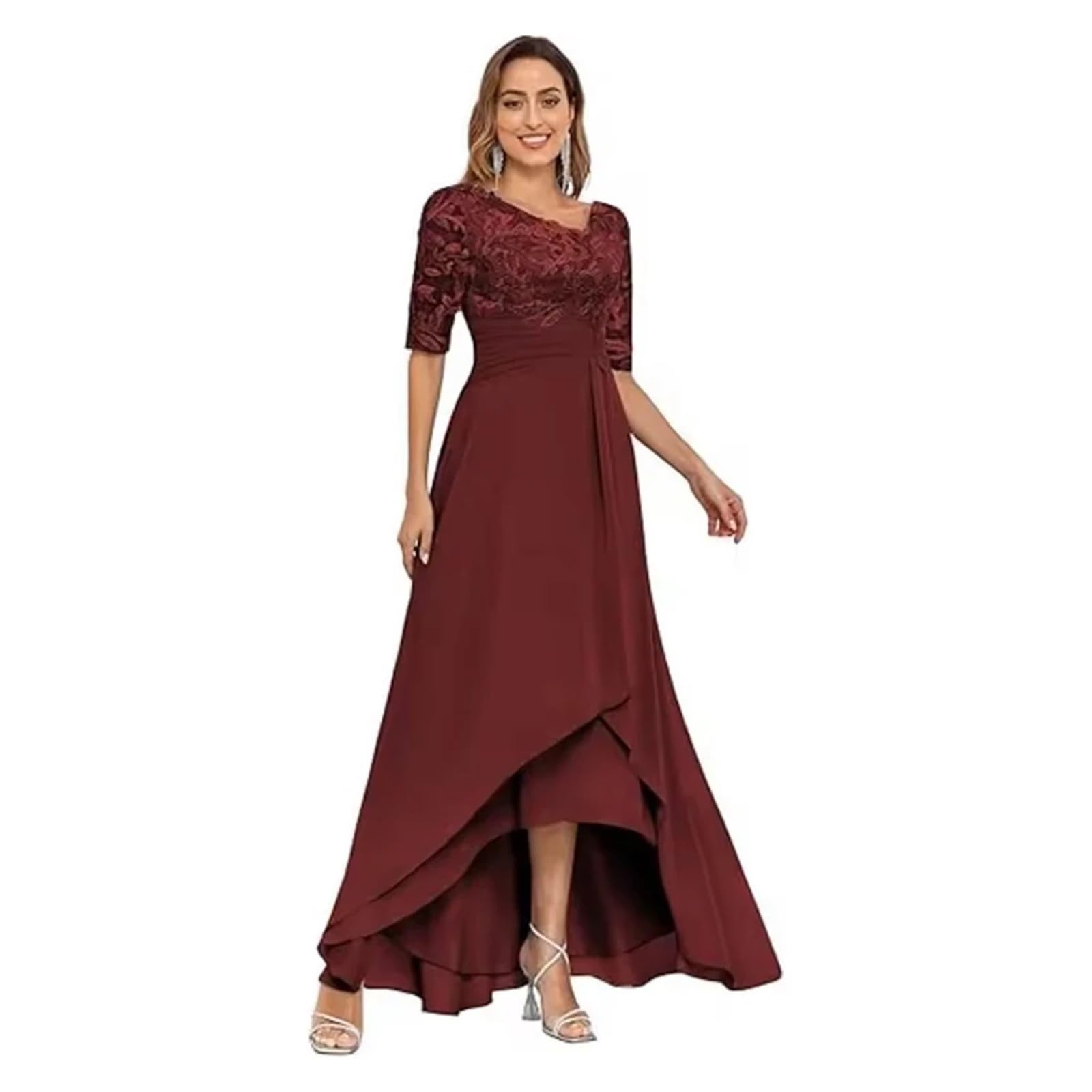 Grazioso Abito da Madre della Sposa in Pizzo for invitata al Matrimonio, Abito da Festa in Chiffon Lungo Fino al Ginocchio(Burgundy,16W)