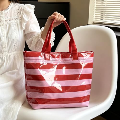 Image of Striped PVC Tote Bag for Women, Waterproof Plastic Hobo Handbag Summer Tote for Beach, Pool & Ideal Gift