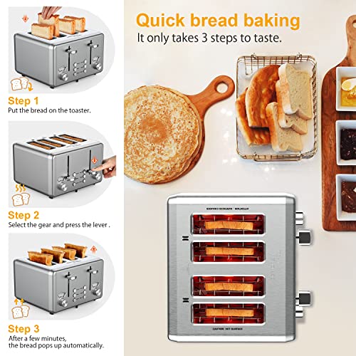 Whall Toaster 4 Slice Stainless Steel,Toaster-6 Bread Shade Settings,Bagel/Defrost/Cancel Function With Dual Control Panels,Extra Wide Slots,Removable Crumb Tray,For Various Bread Types 1500W #TOP3
