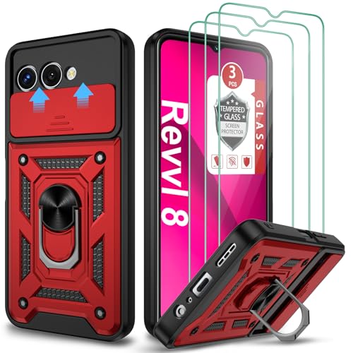 Case for T-Mobile TCL Revvl 8, with 3 Pcs Tempered Glass Screen Protector, Built-in Ring Kickstand and Magnetic Car Mount Shockproof Dropproof Defend Armor Rugged Case for T-Mobile Revvl 8 - Red