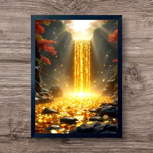 Image of ARTFUL TOY BOX - Golden Money Waterfall Photo Frame Wall Art for Home Decor | Wealth Flow, Abundance & Prosperity Vastu Wall Decor for Living Room & Office | HD Glossy Print | Premium Fiber Black Frame - 12x18 Inch (30x45 cm) (Design 5)