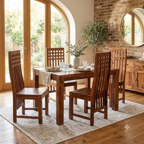 Image of JEENWOOD Sheesham Wood Dining Table 4 Seater | Dinning Table with 4 Chairs | Dining Room Furniture | Natural Teak Finish