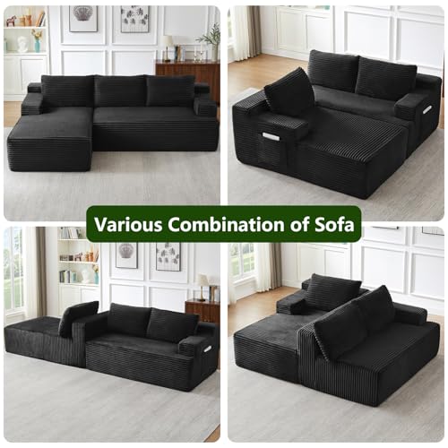 Image of 96 inch Modular Sectional Sofa, Modern Corduroy Cloud Couch with Side Pockets, Boneless Couch Upholstered 3-Seater L-Shaped Sofa for Living Room, No Assembly Required (Black, Left-Facing Chaise)
