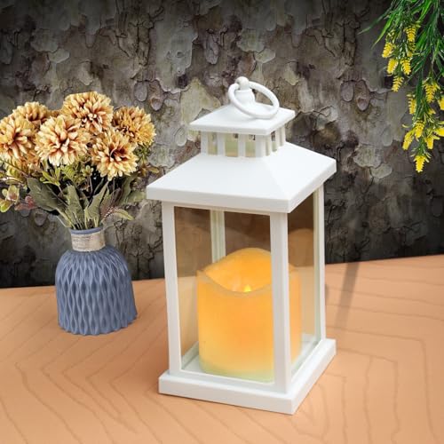 Image of Coku LT-22 Vintage LED Candle Lantern with LED Pillar Candle, Battery Operated Wall Hanging Lamp Decorative Lantern, Flameless Antique Glass Candle Holder for Home Decor, Diwali (White, Pack 1)