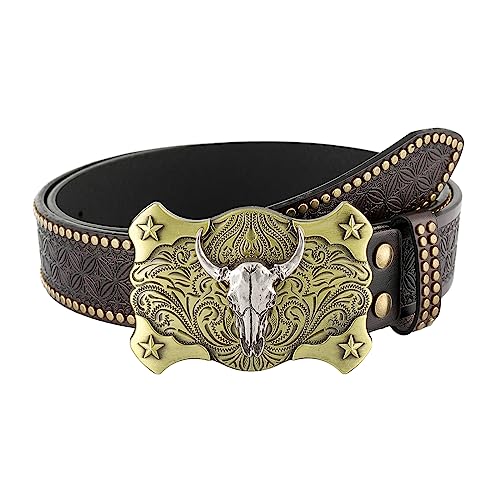 Teens Genuine Leather Waist Belt - Embossed Pattern Buckle Adjustable for Coat Jeans