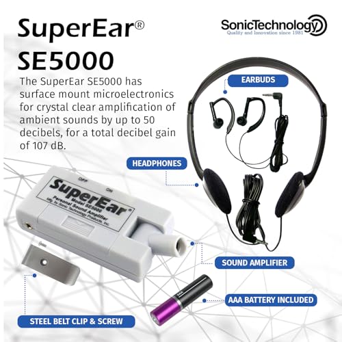 SuperEar Personal Sound Amplifier Model SE5000 (PSAP), 50dB Gain, Hand Held Pocket Size Audio Amplifier with Headphones, EarBuds, Tactile On/Off Volume Control for Adults, Audiologists, and Seniors - Image 6