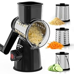 Vihoom Käsereibe mit Kurbel, Mandoline Gemüsehobel mit 3 Edelstahl Austauschbaren Trommelblättern, Gemüsereibe Manuell, Mehrzweck Gemüseschneider Ideal für Käse, Gurken, Karotten, Nüsse