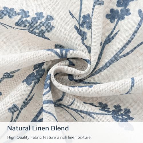 Image of Floral Linen Shree Printed Curtains 120 Inches Light Filtering Vintage Farmhouse, Back Tab Rod Pocket Cottage Core Drapes for Living Room Bedroom Dining Room, Navy Blue on Beige, 2 Panels
