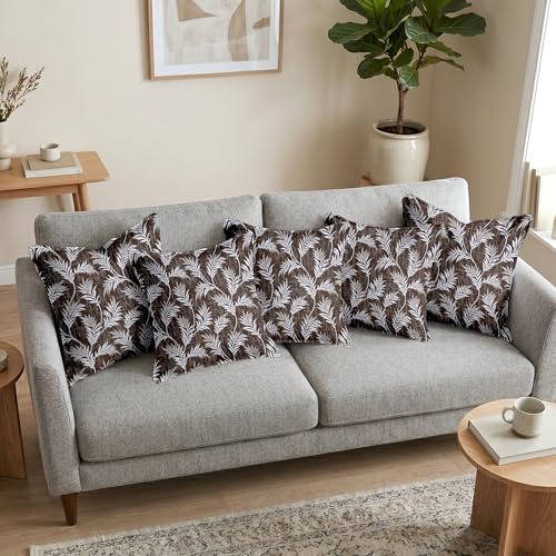 Image of Divine Casa Cushion Covers Set of 5 Rich Brown | 16x16 Inch Jacquard Sofa Cushion Covers | Decorative Leaf Pattern Throw Pillow Covers for Home Decor