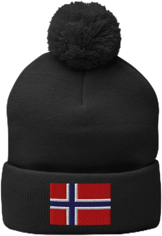 Norway Beanie - Norwegian Flag Embroidered Pompom Winter Beanie Hat - Norway Gifts - Norway Souvenir