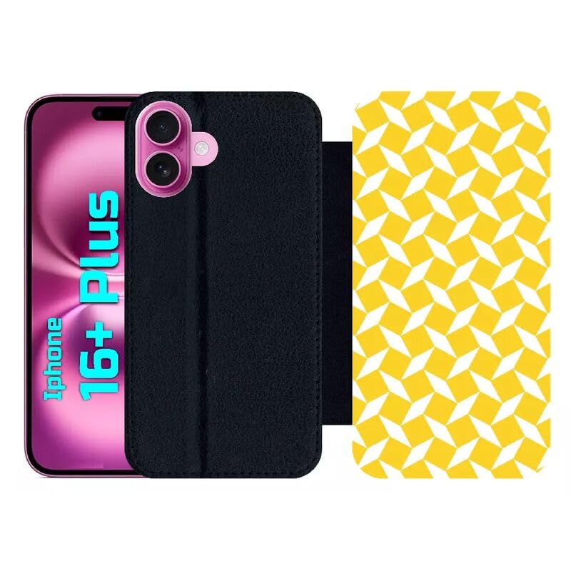 Étui à rabat pour iPhone 16 Plus en simili-cuir noir avec motif carreau jaune