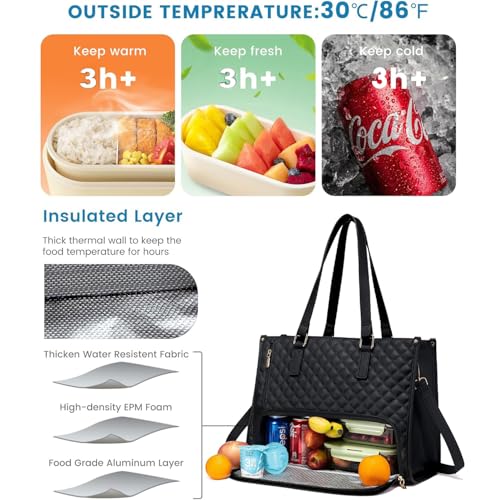 Image of Crewer Elegant Work Bag with Lunch Compartment - Laptop Tote Bag with Lunch Box Section, Office Bag with Insulated Lunch Storage - Stylish Quilted Shoulder Bag for Women.