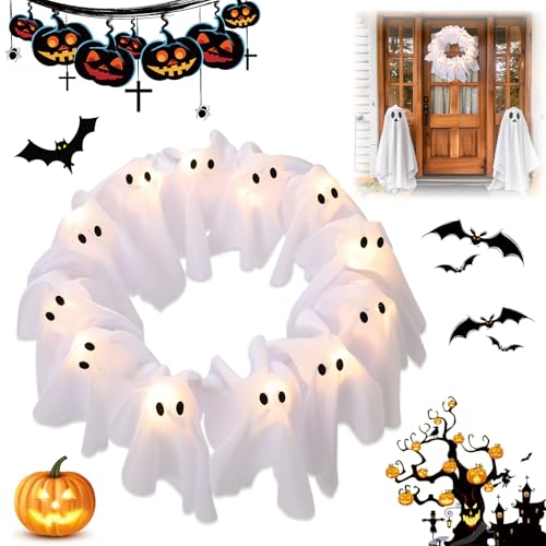 Iaolose LED Light-Up Halloween Ghost Wreath 12 Glowing White Ghost Garland Spooky Indoor & Outdoor Hanging Decoration for Front Door Wall Party