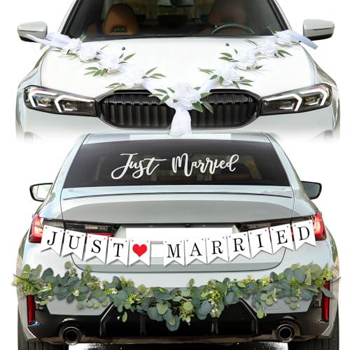 Image of Just Married Car Decorations Kit Wedding Car Decor with Artificial White Roses Banner Flower Vine Tulle Ribbon Sign Stickers Getaway Car Accessories for Bride and Groom Send Off SUV Truck