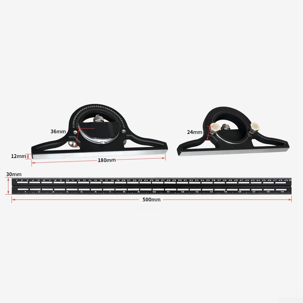 Squadra combinata di precisione in alluminio con meccanismo scorrevole e goniometro per layout strutturale carpenteria e misurazione tecnica (500 mm)