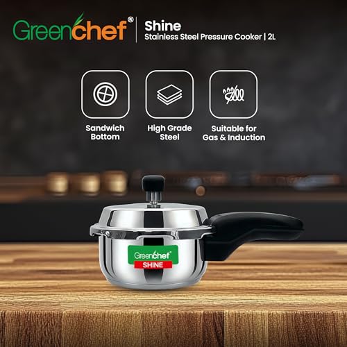 Image of Greenchef Shine Stainless Steel Outerlid Pressure Cooker| Induction and gas stove Compatible| ISI certified| Ergonomic Handle| 2Litre Capacity