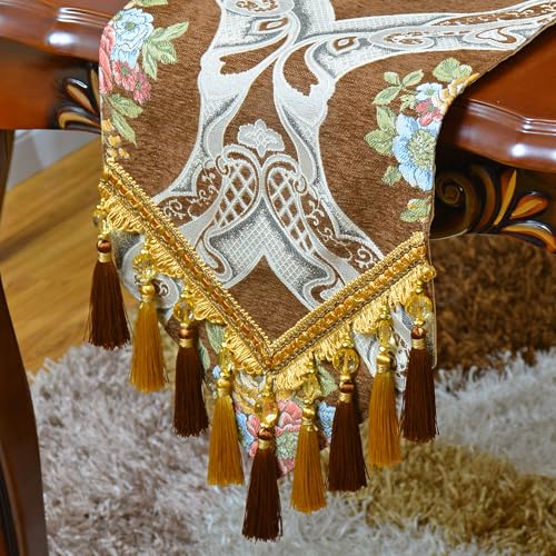 NYSMXF Extra Luxury Velvet Coffee Table Runner 120 Inches Long with Vintage Damask Jacquard Design for Dining Room,Living Room,Home Decor,Elegant Beaded Tapestry (Coffee, 13×120 inch)