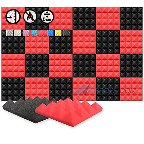 Arrowzoom 24 Acoustic Panelen Geluidsabsorberende akoestische Piramide Correctie Vlamvertragende Audio Behandeling schuimpanelen 25x25x5cm Rood Zwart