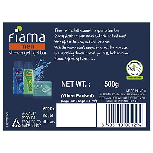 Fiama Men Refreshing Pulse Gel Bar, With Sea Minerals & Skin Conditioners For Moisturized Skin, 500g (125g - Pack of 3+1), Soap for Men, For All... - Image 4