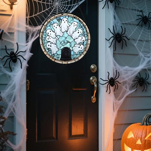 Image of Stained Glass Window Hanging - Halloween Decorations Ghosts Tombstones Suncatcher for Doors Garden Indoor Spooky Funny Sun Catchers Gothic Decor Horror Gifts for Women Men Friend 15 in