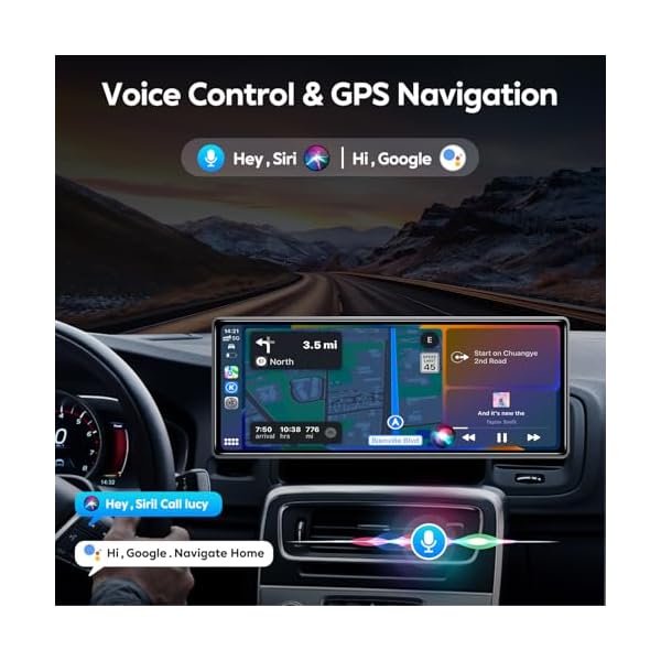 10.26" Wireless Apple Carplay Screen for Car, Secure Strong Bracket, Portable Apple CarPlay& Android Auto Car Stereo with GPS Navigation, Bluetooth, Mirror Link, Voice Control,Fits All Vehicles